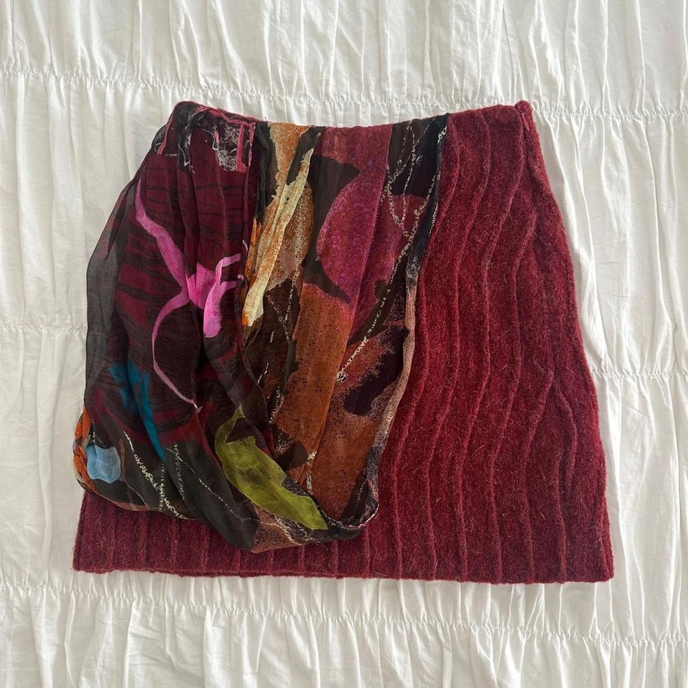 Save The Queen Rainbow Maroon Animal Graphic Silk Wool Mohair Mini Skirt